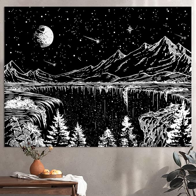 Zussun Black and White Tapestry Starry Night Mountain Tapestries for Bedroom Aesthetic Moon and Stars Tapastry's Wall Hanging Dark Nature Forest Wall Tapestry for Living Room Dorm (80'' × 60'')