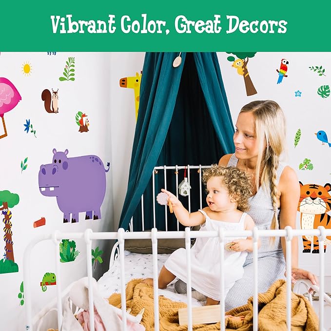 113 PCS Animal Wall Stickers, Self-Adhesive Vinyl Decals-Zebra, Flamingo, Giraffe, Lion, Elephant, Deer, Tiger, Hippo & Plants, Jungle Animals Decors for Baby Nursery, Kids Room, Playroom, Classroom