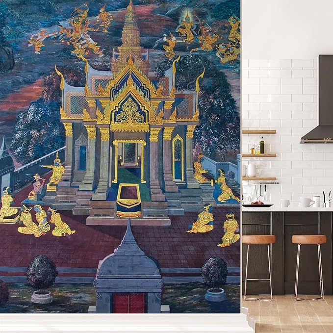 wall26 Wat Phra Kaew Temple Fresco - Bangkok Thailand - Painted Wall Decor - Gold Leaf - Wall Mural, Removable Sticker, Home Decor - 96x96 inches