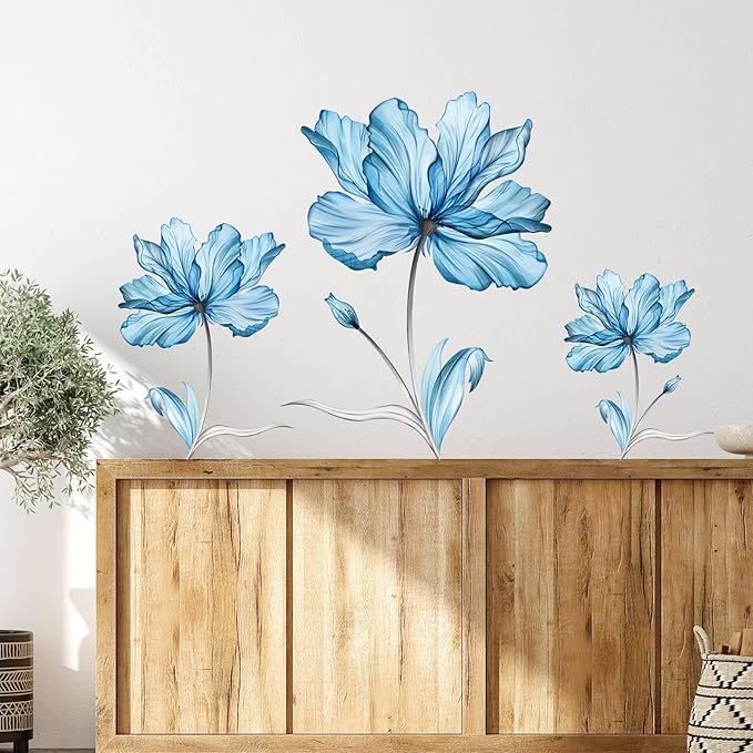 Zonon 6 Pcs Flowers Wall Decals Stickers Vinyl Removable Peel and Stick Colorful Dragonflies Floral Wall Murals Decor for Bedroom Living Room Nursery(Blue Flower)