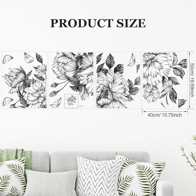 Zonon 6 Pcs Flowers Wall Decals Stickers Vinyl Removable Peel and Stick Colorful Dragonflies Floral Wall Murals Decor for Bedroom Living Room Nursery(Floral Peony)