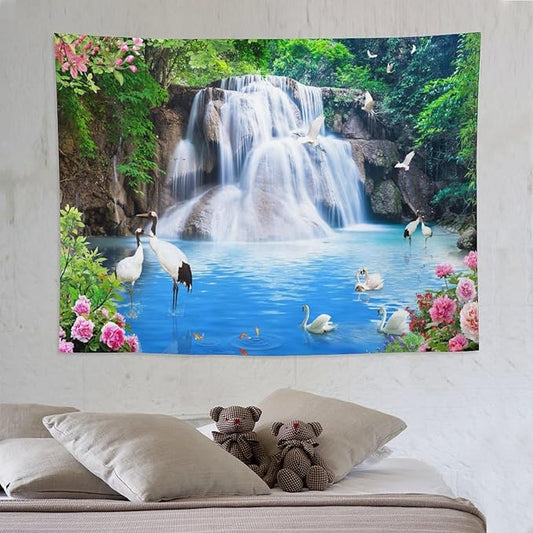 ZhiRain Waterfall Landscape Tapestry Wall Hanging Natural Forest Garden Trees And Roses Flower Scenery Tapestries Home Decor for Living Room Bedroom Apartment Farmhouse Dorm 60"x80"