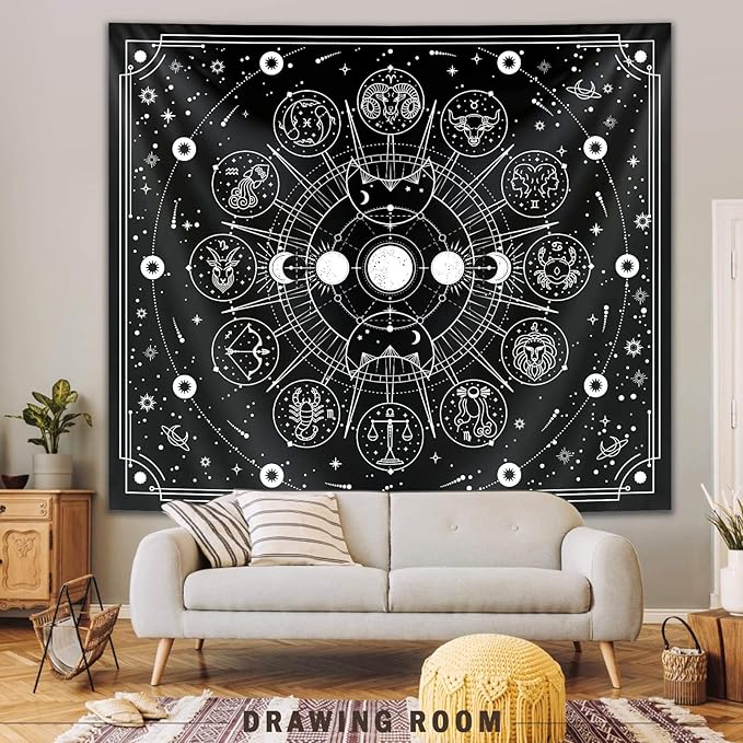Zodiac Astrology Tapestry - Black and White Constellation Wall Hanging for Teen Girl's Bedroom, Living Room, Dorm (51x59 inches)