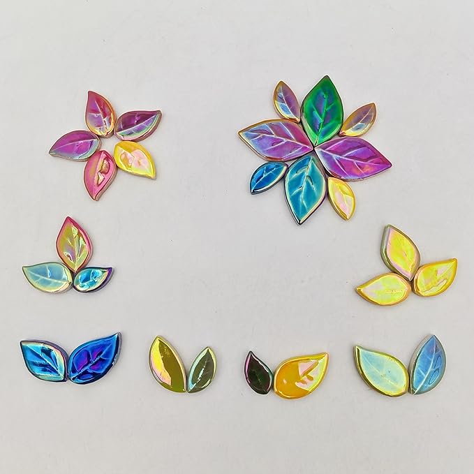 500g/1.1lb Leaf-Shaped Ceramic Mosaic Tiles,Ceramic Mosaic Pieces for Crafts,Mosaic Tiles for Home Decoration or DIY Crafts,Mosaic Making Supplies. (Iridescent Mixed Color)