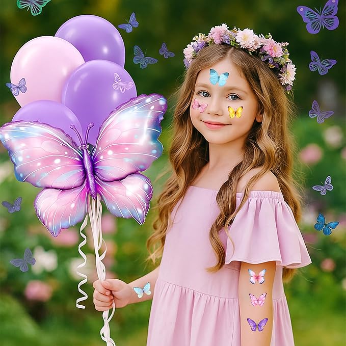 8 Sheets (96PCS) Butterfly Temporary Tattoos Butterflies Theme Birthday Party Decorations Supplies Favors Stickers for Women Kids Gifts Classroom School Prizes Rewards