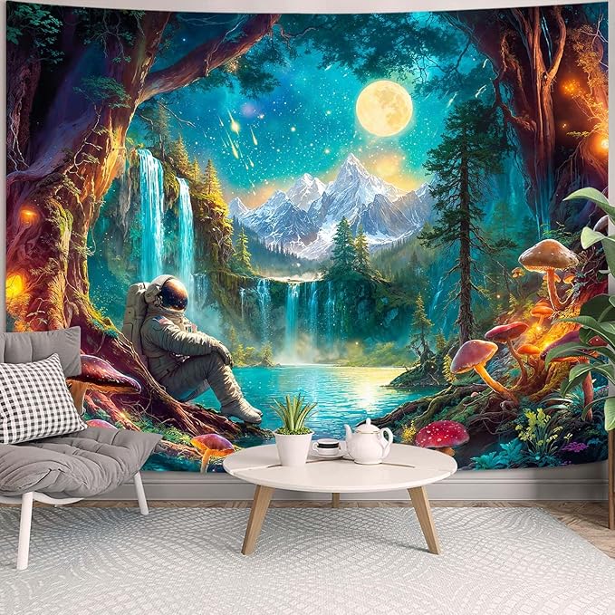 Zussun Mushroom Forest Tapestry Astronaut Nature Waterfull Snow Mountain Tapestry for Bedroom Aesthetic Fairy Moon Landscape Large Tapestries Wall Hanging for Dorm Living Room Decor 80 x 60 Inch