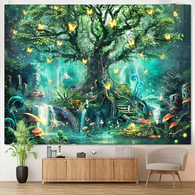 Zussun Fantasy Forest Tapestry Green Fairy Magical Tree of Life Tapestries for Bedroom Aesthetic Nature Plant Mushroom Butterfly Elves Wall Tapestry for Living Room Dorm (60" x 44")