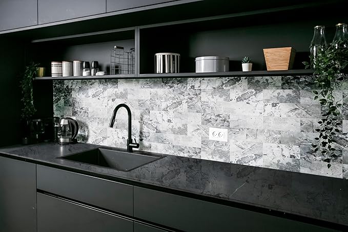 Yipscazo Peel and Stick backsplash 3 x 6 Inches 3D PVC Composite Wall Tile Stick on Backsplash Tile for Kitchen Bathroom, Laundry Room, Fireplace(Gray Granite, 100 Pieces)