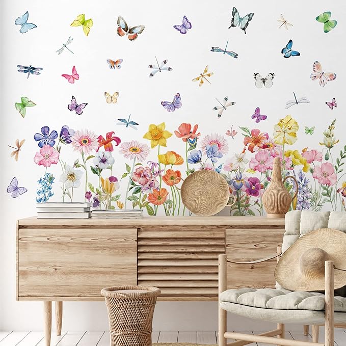 Zonon 6 Pcs Flowers Wall Decals Stickers Vinyl Removable Peel and Stick Colorful Dragonflies Floral Wall Murals Decor for Bedroom Living Room Nursery(Modern)