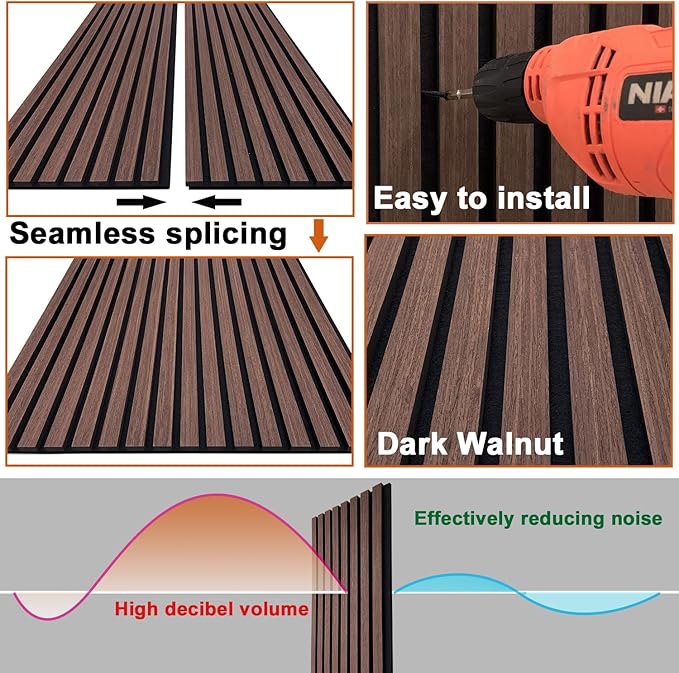 YLL YLL Wood Wall Panels Acoustic Wall Panels for Interior Wall Decoration Two 94.68" x 12.79" Wood Slat Paneling 3D soundproof Wall Panels Dark Walnut