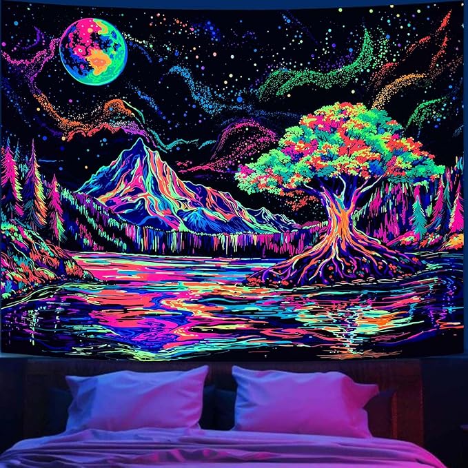 Zussun Blacklight Mountain Forest Tapestry Hippie Tree of Life Tapestries for Bedroom Aesthetic Glow in The Dark Moon and Stars Tapestry Wall Hanging for Living Room Dorm 60 × 44 Inch