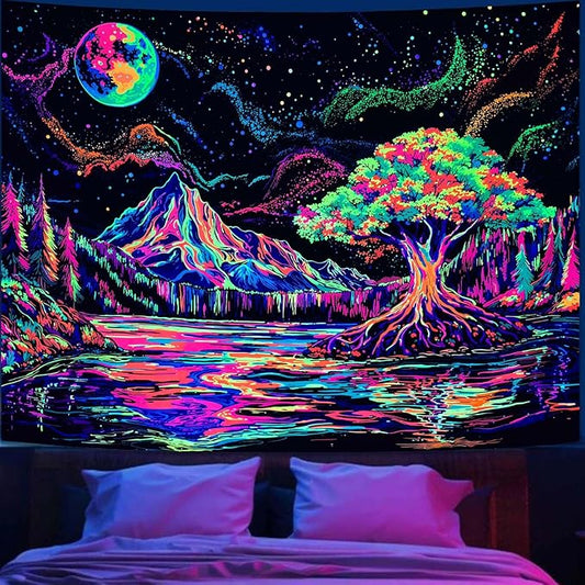 Zussun Blacklight Mountain Forest Tapestry Hippie Tree of Life Tapestries for Bedroom Aesthetic Glow in The Dark Moon and Stars Tapestry Wall Hanging for Living Room Dorm 60 × 44 Inch