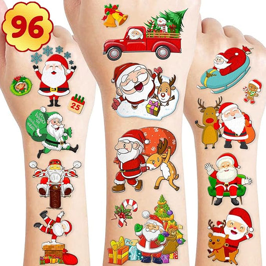 96 PCS Santa Claus Temporary Tattoos Themed Christmas Birthday Party Decorations Supplies Favors Decor Funny Cute Merry Xmas Tattoo Stickers Gifts for Kids Girls Boys Class Prizes New Year Eve Holiday
