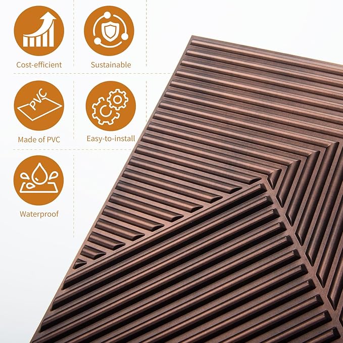 WOWSTAR 12-Pack 3D Wall Panels 19.7" x 19.7", Antique Copper Slat Wall Panels for Interior Wall Decor, Luxury Wall Covering for Living Room & Bedroom