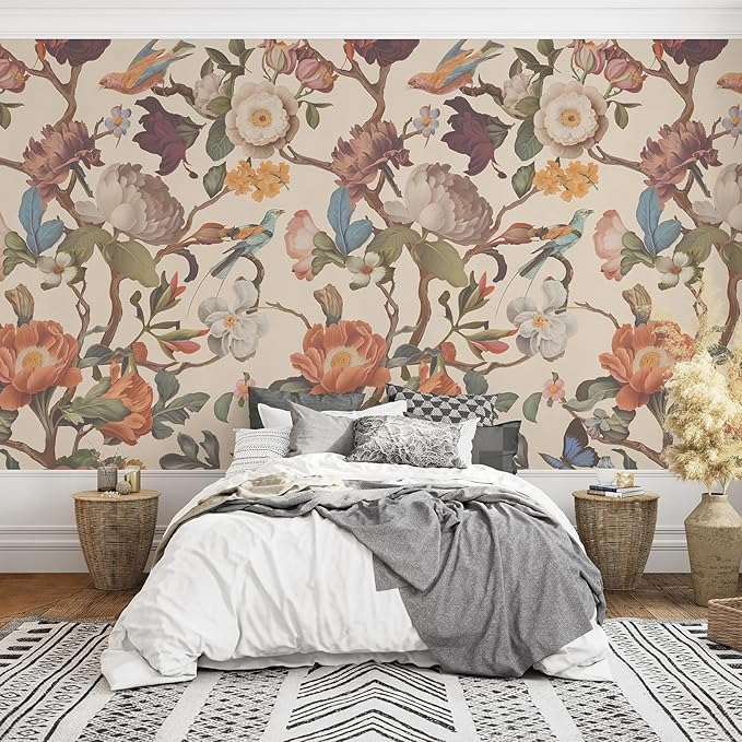 Zeeko Beige Floral Mural Peel and Stick Wallpaper Removable Vintage Wallpaper Large Art Decor for Bedroom Livingroom Home 118'' x 65''