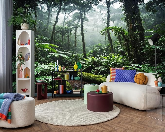 YIHWM -Tropical Rainforest Forest Backdrop Large Fabric Living Room Wallpaper Green Jungle Bedroom Bathroom Wall Mural- 160"x108"（ not Peel and Stick）