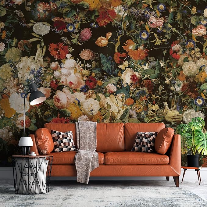 Zeeko Dark Floral Wallpaper Peel and Stick 177" W x 110" H Waterproof Canvas Fabric Vintage Moody Large Wall Mural Self Adhesive Removable Wall Paper for Bedroom Living Room Art Deco