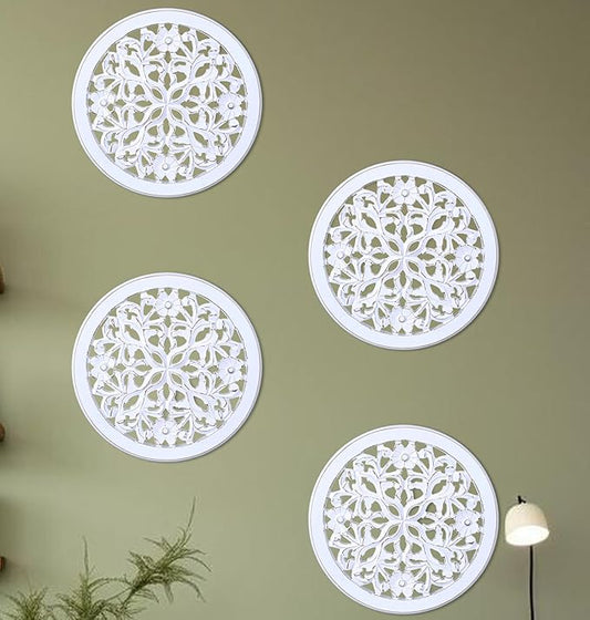 Woodify Hand-Carved Wooden Wall Décor – Set of 4, 12" x 12" Decorative Wood Panels, Floral Design, White Antique Finish, Wall Art for Living Room & Home Décor