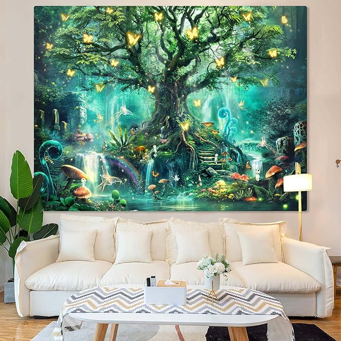 Zussun Fantasy Forest Tapestry Green Fairy Magical Tree of Life Tapestries for Bedroom Aesthetic Nature Plant Tapastry's Wall Hanging Mushroom Butterfly Elves Wall Tapestry for Living Room Dorm (90" x 68")