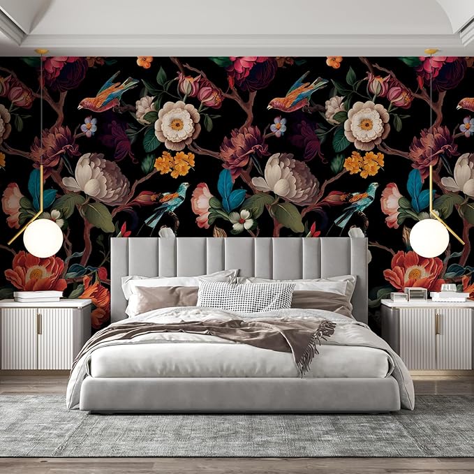 Zeeko Floral Peel and Stick Wall Mural Black Flower Wallpaper for Bedroom TV Background Vintage Wallpaper Large Floral Wall Murals Art Deco 148" W x 98" H