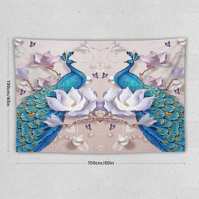 ZhiRain Peacock Tapestry Wall Hanging Beautiful Bird Flower Pearl Watercolor Pattern Print Tapestries Home Decor for Living Room Bedroom Farmhouse Apartment Dorm 40"x60"
