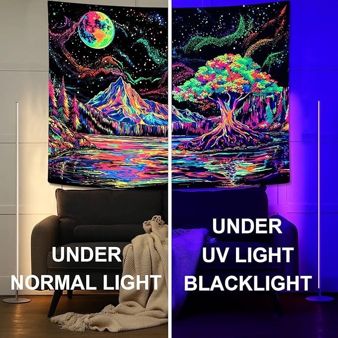 Zussun Blacklight Mountain Forest Tapestry Hippie Tree of Life Tapestries for Bedroom Aesthetic Glow in The Dark Moon and Stars Tapestry Wall Hanging for Living Room Dorm 60 × 44 Inch