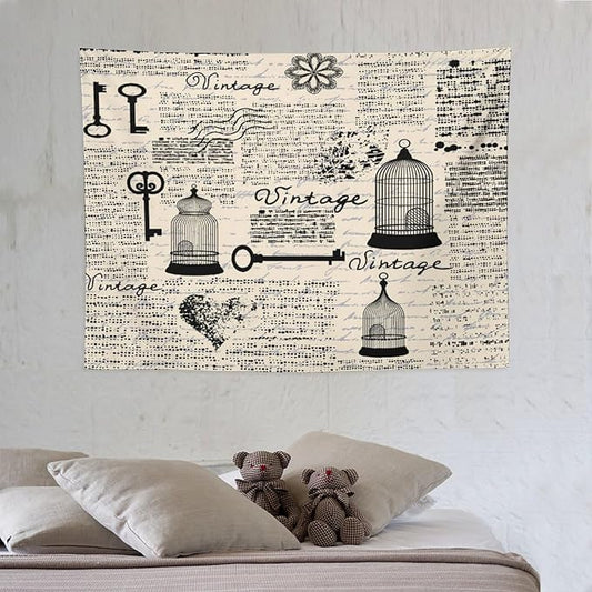 ZhiRain Old Newspaper Tapestry Wall Hanging Bird Cages Grunge Retro Pattern Keys Heart Shapes And Flower Tapestries Home Decor for Living Room Bedroom Apartment Farmhouse Dorm 30"x40"