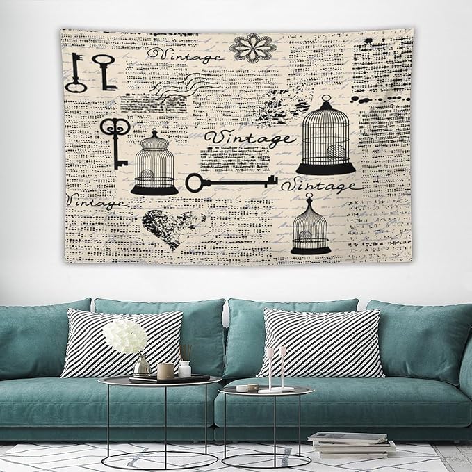 ZhiRain Old Newspaper Tapestry Wall Hanging Bird Cages Grunge Retro Pattern Keys Heart Shapes And Flower Tapestries Home Decor for Living Room Bedroom Apartment Farmhouse Dorm 40"x60"