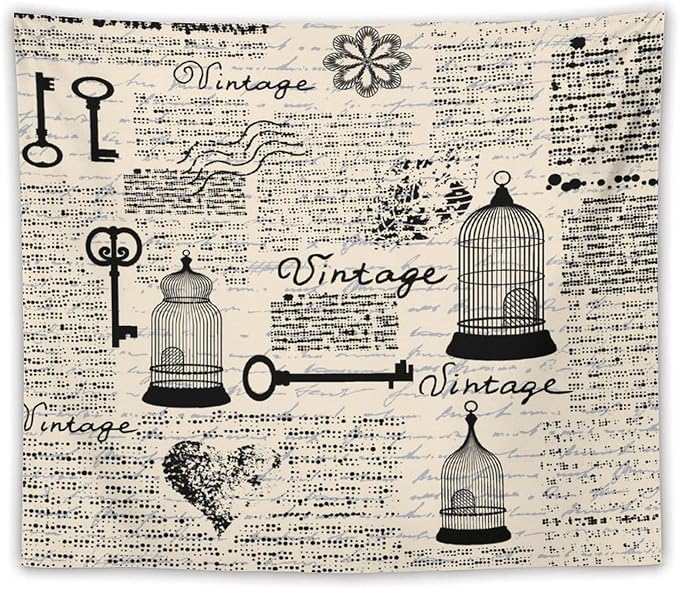 ZhiRain Old Newspaper Tapestry Wall Hanging Bird Cages Grunge Retro Pattern Keys Heart Shapes And Flower Tapestries Home Decor for Living Room Bedroom Apartment Farmhouse Dorm 50"x60"
