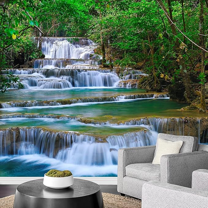 wall26 Deep Forest Waterfall in Kanchanaburi, Thailand Removable Wall Mural Self-Adhesive Large Wallpaper - 100x144 inches