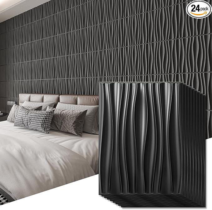 Art3d 24-Pack 3D Wall Panels for Interior Home Décor, PVC Wavy Textured Accent Wall Paneling for Living Room Bedroom TV Backdrop Office, 15.7 x 11.8 Inch - Black