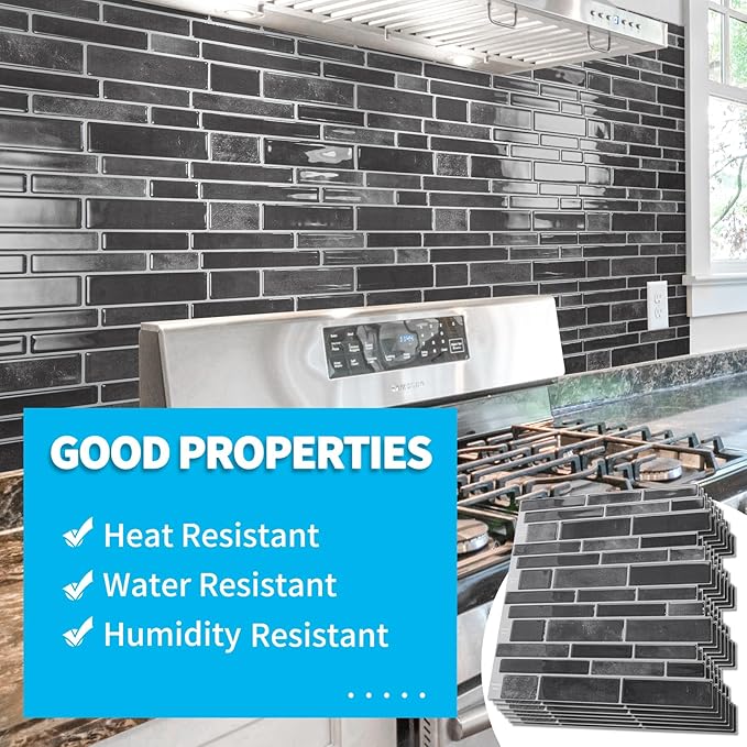 Art3d 10-Sheet Peel and Stick Backsplash Tile, Vinyl Stick On Wall Tile for Kitchen Bathroom Laundry Room, Marble Design 12" x 12" - Smoky Black