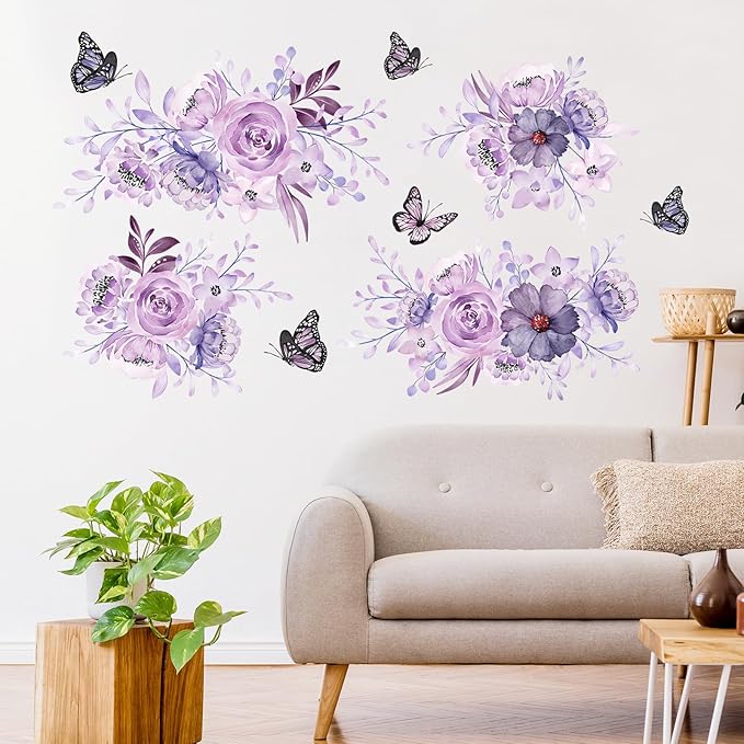 Zonon 6 Pcs Flowers Wall Decals Stickers Vinyl Removable Peel and Stick Colorful Dragonflies Floral Wall Murals Decor for Bedroom Living Room Nursery(Flower and Butterfly)