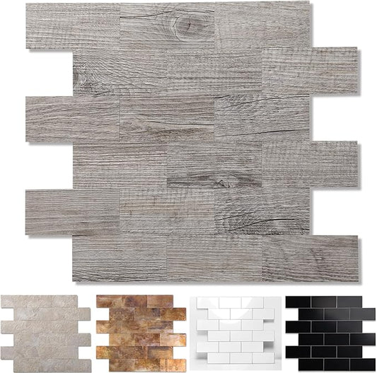 5-Pack Peel and Stick Tile Backsplash 11.3"X11.5" PVC Wall Tiles, Stick on Backsplash for Kitchen, Bathroom Tile, Fireplace Décor, Laundry Table, Stair Decals in Grey Rustic