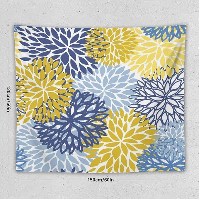 ZhiRain Blue Yellow Floral Tapestry Wall Hanging Boho Dahlia Chrisanthemum Flowers Pattern Tapestries Home Decor for Living Room Bedroom Farmhouse Apartment Dorm 50"x60"