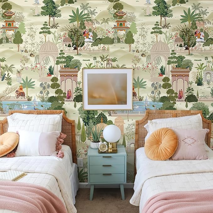 Zeeko Exotic Tropical Green Wall Mural Peel and Stick 148" W x 98" H Botanical Indian Garden Canvas Waterproof Self-Adhesive Removable Wallpaper for Nursery Bedroom Large Art Wall Decor