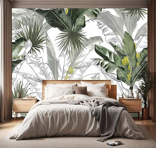 YIHWM -Tropical Botanical Banana Leaf Large Backdrop Fabric Wallpaper Leaf Living Room Bedroom Bathroom Wall Mural- 160"x108"（ not Peel and Stick）