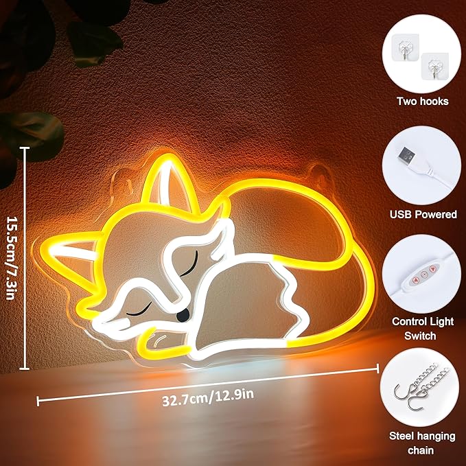 YuanDian Fox Neon Sign, Animal Neon Lights for Bedroom Living Room Wall Decor, Birthday Party Gifts for Kids Adults People Who Like Foxes