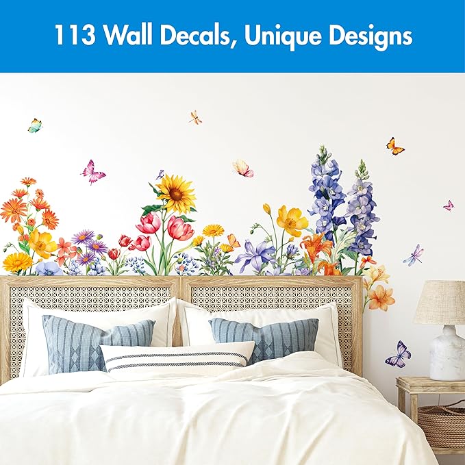 113 PCS Flower Wall Decals, Self-Adhesive Vinyl Wall Stickers, Wildflower, Butterfly & Dragonfly Stickers, Colorful Design Safe for Wall, Window, Door, Room Decor
