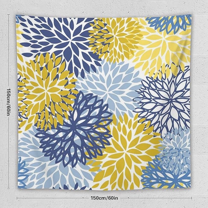ZhiRain Blue Yellow Floral Tapestry Wall Hanging Boho Dahlia Chrisanthemum Flowers Pattern Tapestries Home Decor for Living Room Bedroom Farmhouse Apartment Dorm 60"x60"