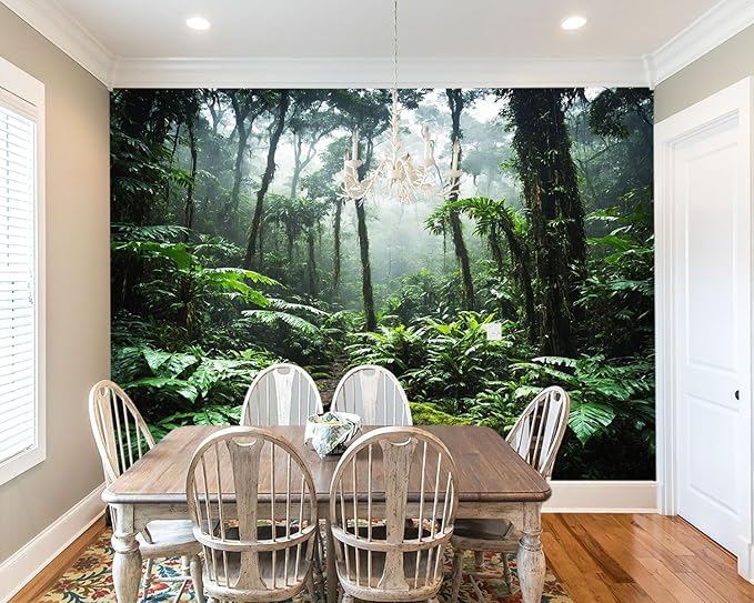 YIHWM -Tropical Rainforest Forest Backdrop Large Fabric Living Room Wallpaper Green Jungle Bedroom Bathroom Wall Mural- 160"x108"（ not Peel and Stick）