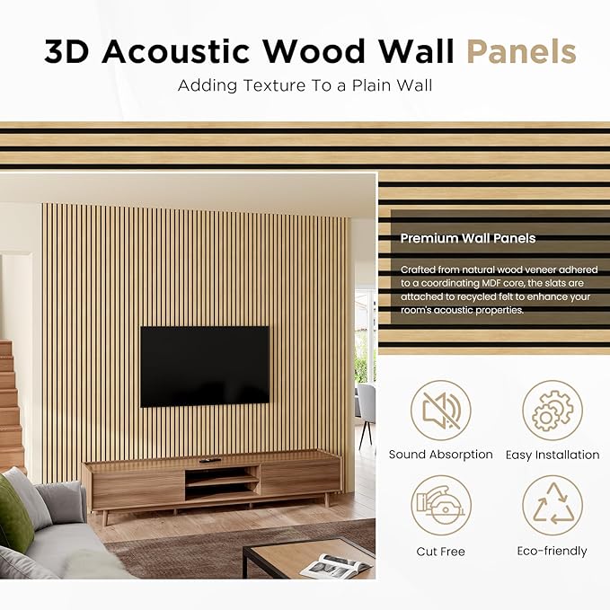 Wood Slat Acoustic Panels, 94" x 23.6" Each Soundpoof Wooden Slat Wall Panel - White Oak, 2 Pack