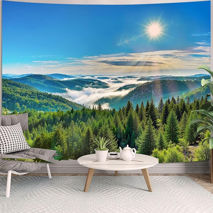 Zussun Nature Forest Mountain Tapestry Green Pine Tree Sunshine Jungle Tapestry for Bedroom Aesthetic Plant Mountain Landscape Small Tapestries Wall Hanging for Dorm Living Room Decor 48 x 36 Inch