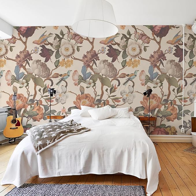 Zeeko Floral Peel and Stick Wall Mural Beige Flower Wallpaper for Bedroom TV Background Vintage Wallpaper Large Floral Wall Murals Art Deco 148" W x 98" H