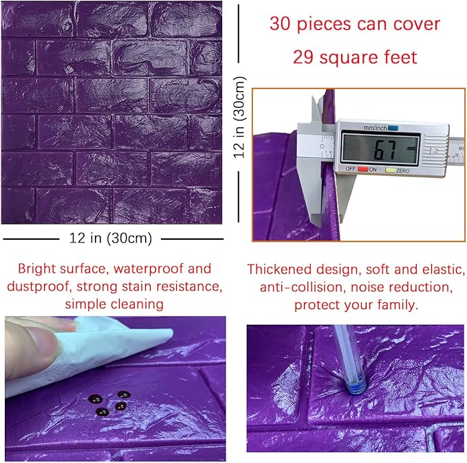 30PCS 3D Wall Panels Peel and Stick Faux Brick Wallpaper Purple Self Adhesive Foam Brick Paneling Faux Stone Wall Panels (30PCS, Purple)