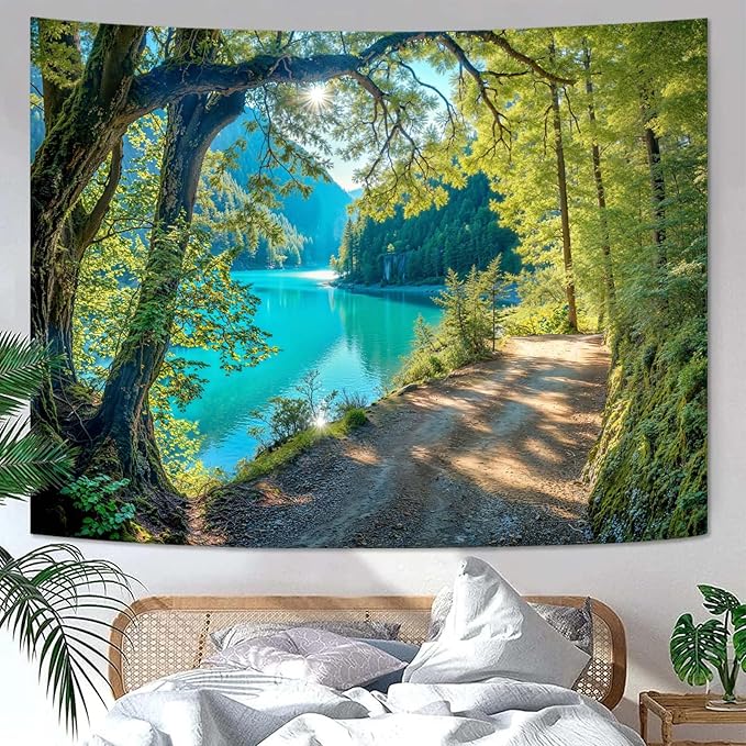 Zussun Nature Forest Mountain Tapestry Green Teal Lake Path Tapestry for Bedroom Aesthetic Lush Sunshine Landscape Large Tapestries Wall Hanging for Dorm Living Room Decor 80 x 60 Inch