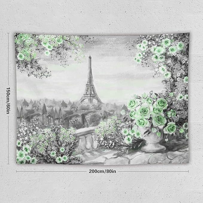ZhiRain Vintage Paris Tapestry Wall Hanging Eiffel Tower Green Rose Flower Spring Cityscape Gray Tapestries Home Decor for Living Room Bedroom Apartment Farmhouse Dorm 60"x80"