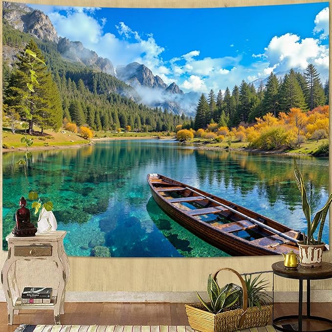 Zussun Nature Mountain Forest Tapestry Green Pine Tree Wall Tapestry for Bedroom Aesthetic Stream Boat Landscape Large Tapestries Wall Hanging for Dorm Living Room Decor 80 x 60 Inch