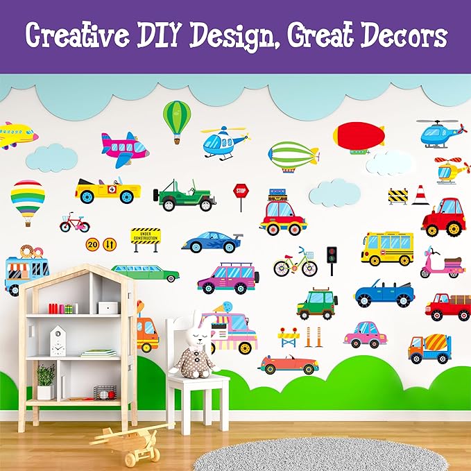 105 PCS Vehicle Wall Stickers, Self-Adhesive Vinyl Transportation Decals-Cars Buses Trucks Planes Road Signs, Colorful Wall Decors for Kids Room, Playroom, Classroom, Boys & Girls