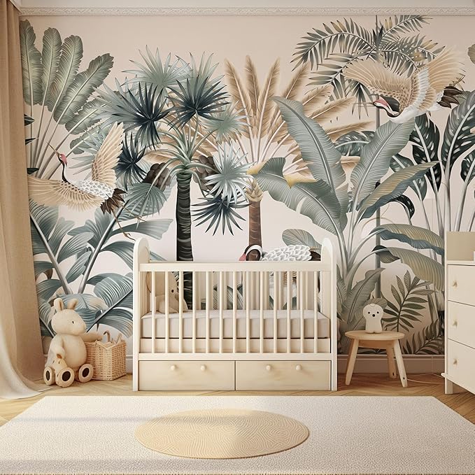 Zeeko Tropical Wall Mural 148" W x 110" H Jungle Forest Peel and Stick Wall Mural Self-Adhesive Crane & Palm Tree Leaf Design Removable Large Wallpaper for Bedroom Living Room Accent Wall